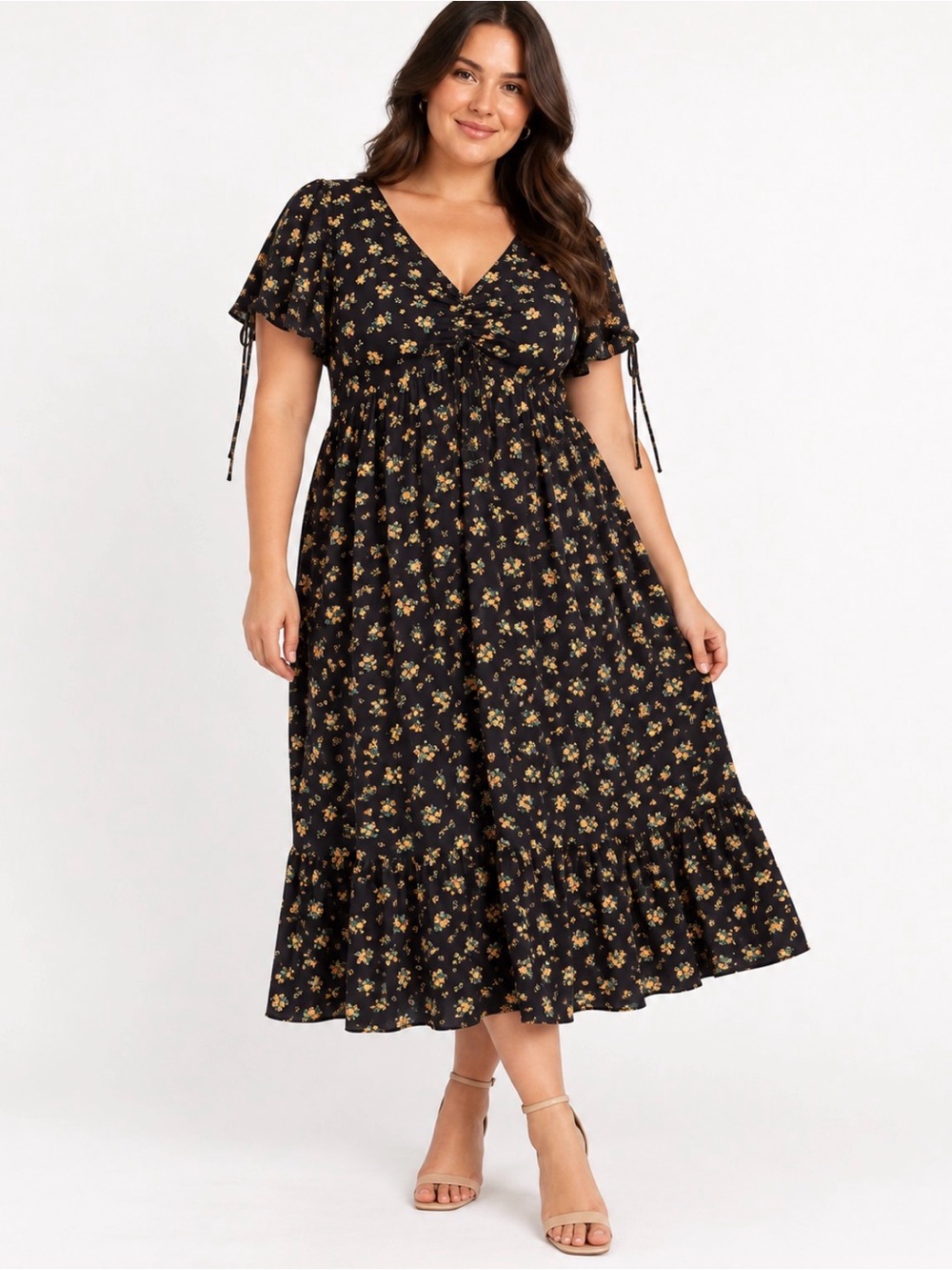 Petal + Pup Black Yellow Floral Ruched Tie Sleeve Midi Dress XL